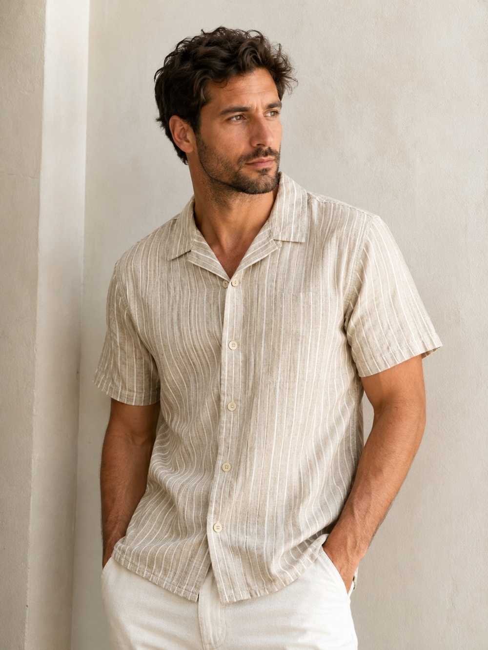 Banana Republic Men’s Short Sleeve Beige / Tan  White Stripe Linen Shirt Sz S